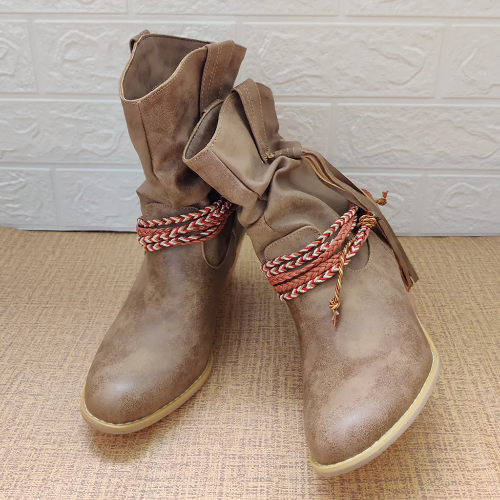 Gladiator Women's Rome Motorcycle Boots Winter Wide Calf Leather Short Boot Vintage Female Western High Heel Cowboy Shoes Tassel