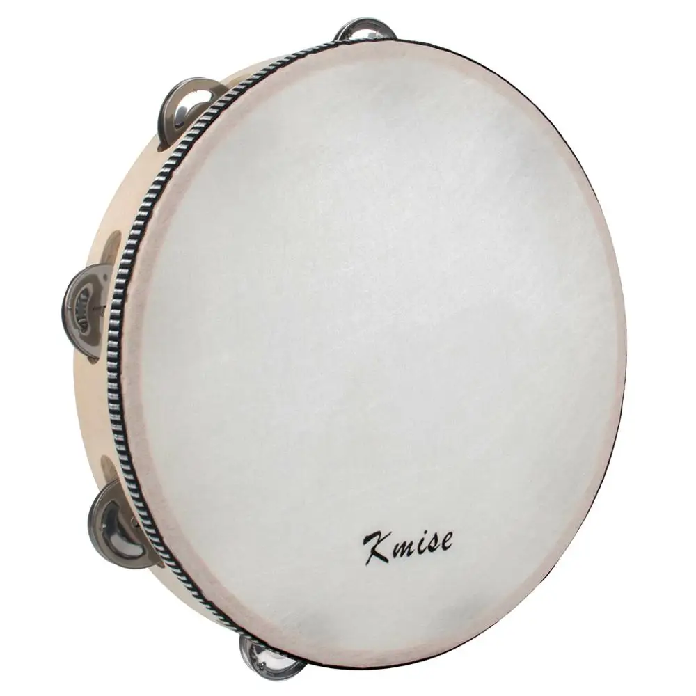 Kmise Tambourine 10 inch Hand Held Drum Metal Jingles Bell Birch Wood Percusion Musical Instrument for Kids Education Gift