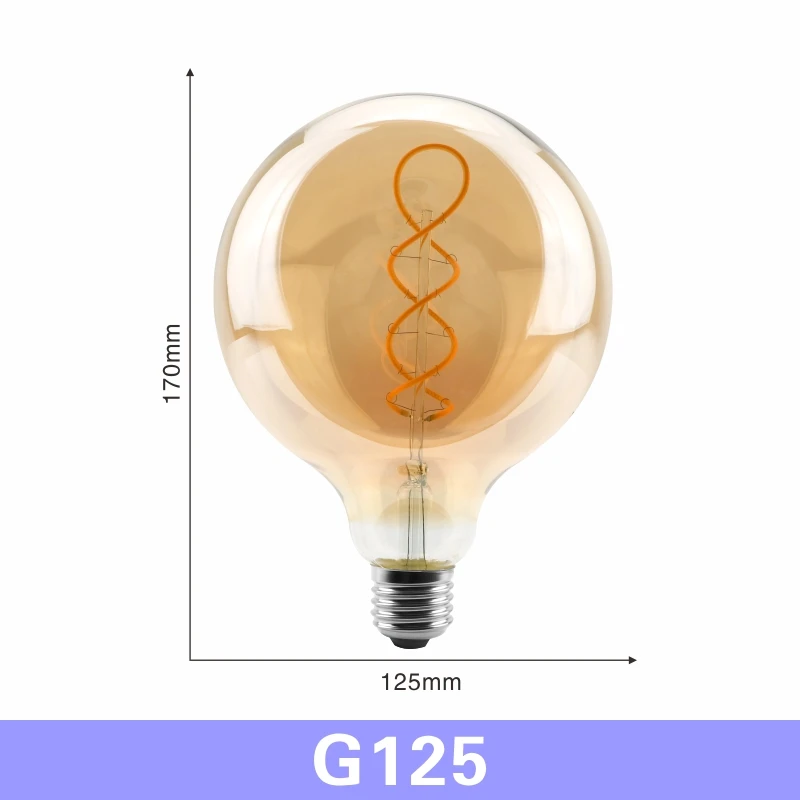 LARZI ретро Спираль нити светодиодный лампы G80 G95 G125 4 Вт E27 220V затемнения Эдисон лампы 2200K теплый желтый светодиодный светильник - Цвет: G125