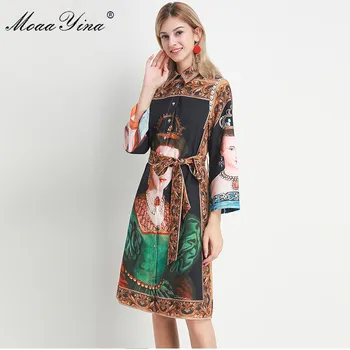 

MoaaYina Fashion Designer dress Spring Summer Women's Dress Queen Character Print Lace up Dresses