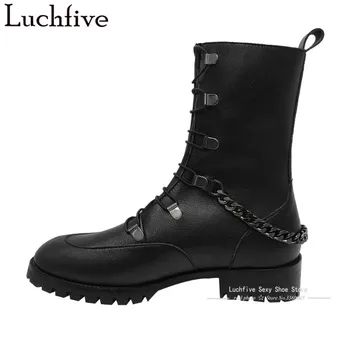

Sexy Chains Short Boots Women Round Toe Skinny Boots Femme Cross Tie Low Heels Black Ankle Boots For Women
