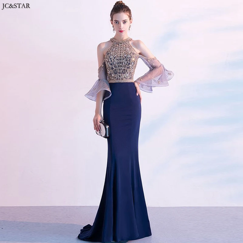 navy blue Vestido de festa para casamento, новинка, кружевное платье с кристаллами, рукава-трубы, золотое, темно-синее, сексуальное, Русалка, gaun pesta dewasa, роскошное, sukienka d - Цвет: navy blue