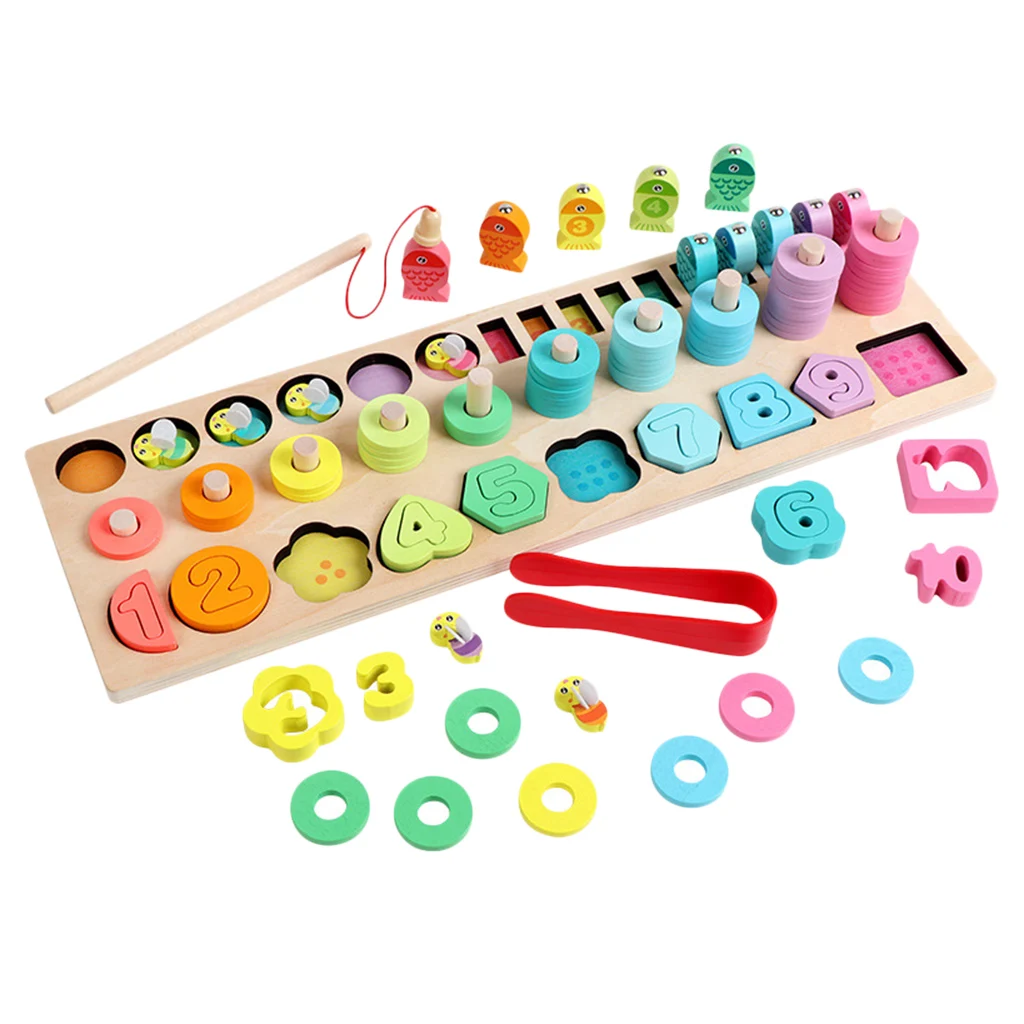Montessori Wood Blocks Puzzle Board Game Set for Toddlers Kids Early Development, Colors & Numbers Recognition Toy, 5-IN-1