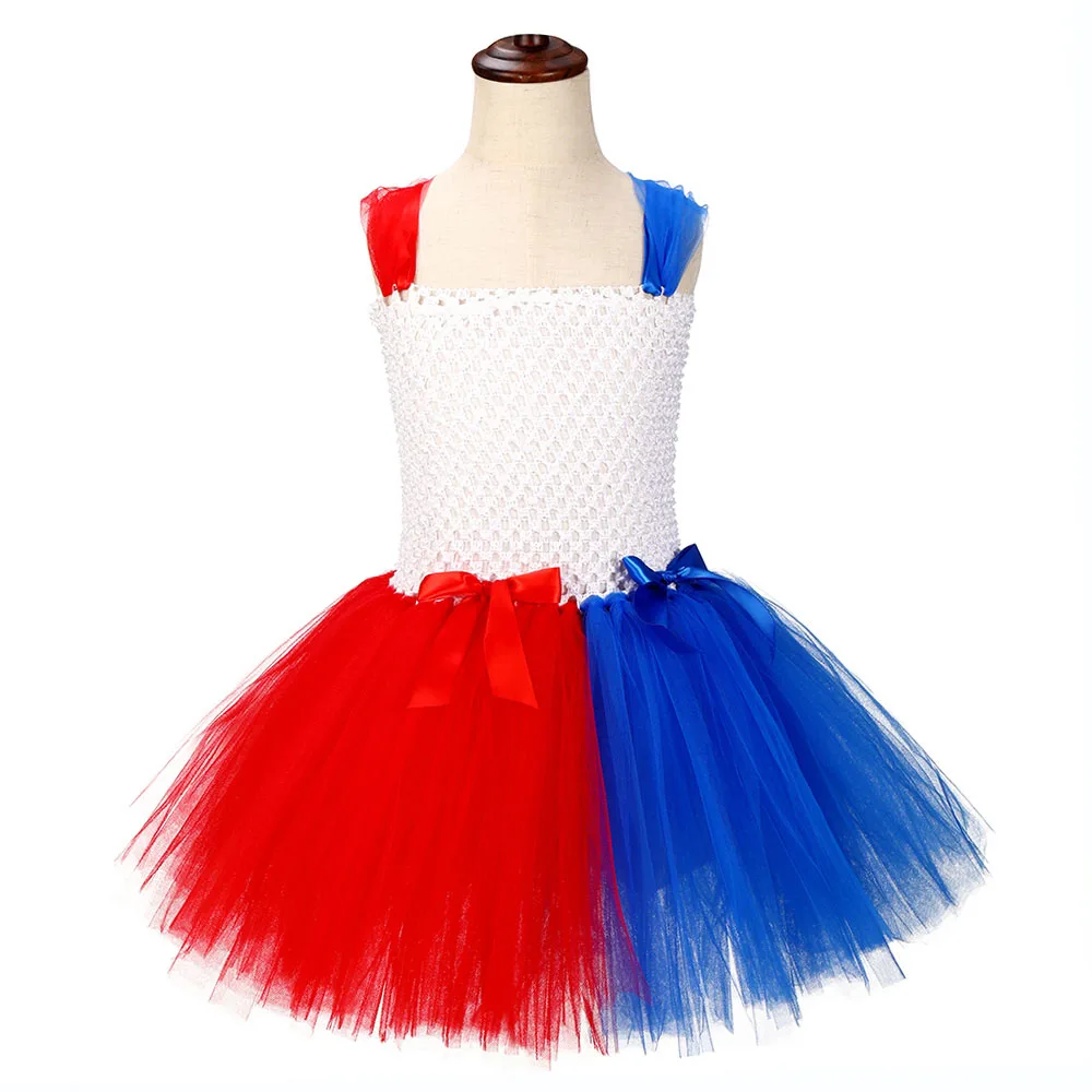 Красное, синее винтажное лоскутное платье для девочек, одежда для Хэллоуина, костюм Харли клоуна, детское платье-пачка длиной до колена с бантом из ленты