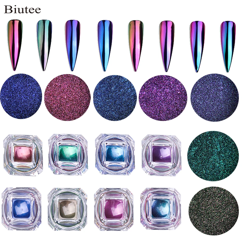 

Biutee 8pcs/Box Powder Metallic Chrome Nail Powder Neon Magic Mirror Powder Holographic Unicorn Chameleon Aurora Colorful Dust