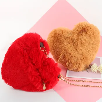 

2020 Fashion Women Heart Shaped Handbags Cute Faux Fur High Quality Cross-body Bags Wallet Purse Chain Shoulder Bag Lady Handbag