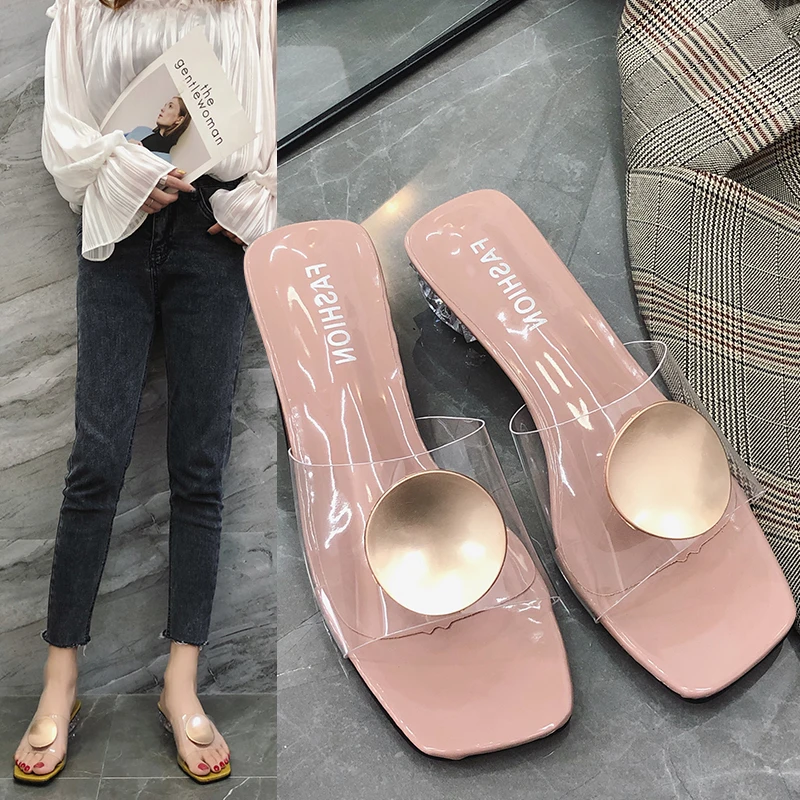 

Women's Transparent Crystal Sequined Low Heel Slippers Sexy 2020 Spring Summer Female Fashion Sandals Slides Zapatos De Mujer