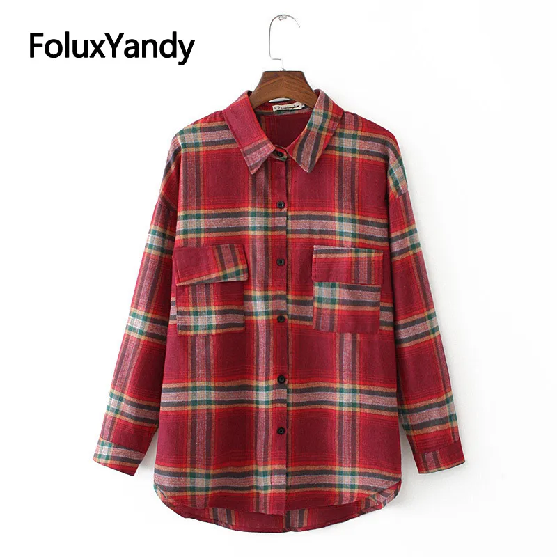 

Pockets Casual Shirts Plaid Blouses Women Plus Size Turn-down Collar Autumn Spring Long Sleeve Blouse Shirt KKFY3915
