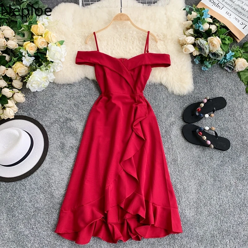 Neploe Solid Chic Women Dress Summer New V-Neck Sleeveless Camis Vestidos Irregular Ruffles Slim Waist Ladies Dresses 44498