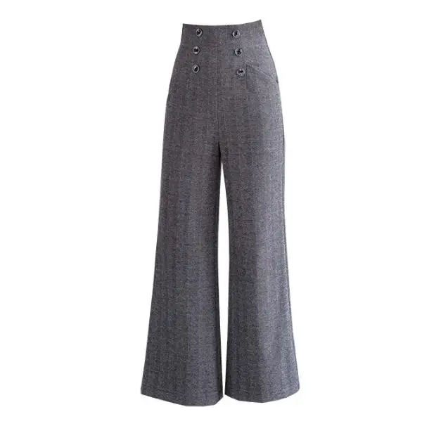grey black Женские Клетчатые Шерстяные широкие женские брюки осень зима Высокая талия длинные брюки женские офисные рабочие брюки для вечеринок - Цвет: grey black