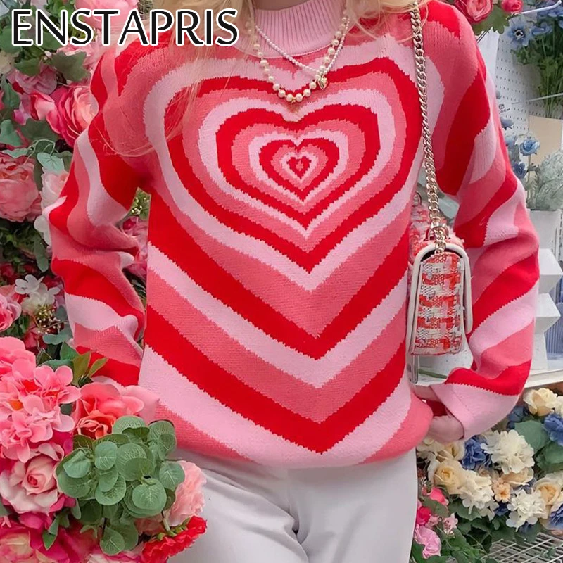 Pink Blue Heart Print Long Sleeve Knitted Women Sweater Autumn Fashion Y2K E Girl Grunge Crop Top Pullover Knitwear 90s Jumpers | Женская
