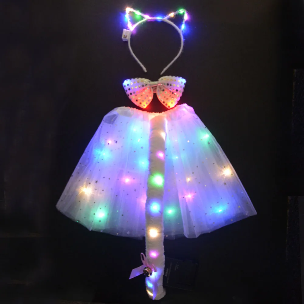 LED Glow Luminous Kids Girl Women Tutu Skirt Clothing Wedding Party Cat Animal Ear Headband Tie Tail Fox Costume Anime Cosplay