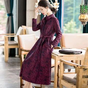 

Vintage Dress Chinese style Women Spring High Quality Long Sleeve Turndown collar Single Breasted Jacquard A Line Long Dress