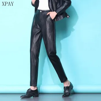 

2020 Summer Spring Korean High Waist Pu Wide Leg Pants Women Plus Size Baggy Black Shiny Faux Leather Carrot Pants Harem Pants
