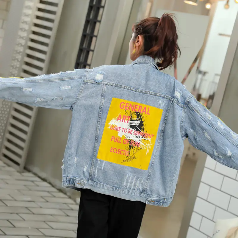 

Streetwear Women Chic Cartoon Printed Patch Holes Denim jacket 2020 Spring Loose Plus size Jeans jacket Female Casual Outerwear