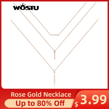 

WOSTU Trendy Multilayer Necklace Party Bar Pendant Rose Gold Long Chain Simple Choker Necklace For Women Wedding Jewelry FON002