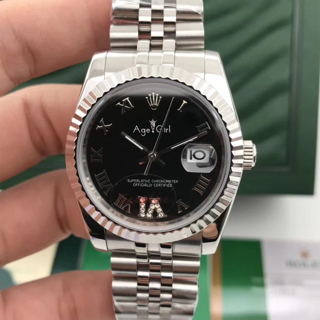 Роскошные брендовые новые автоматические механические мужские часы Datejust из нержавеющей стали сапфировые серебряные черные римские спортивные часы 36 мм AAA - Цвет: Black Rome