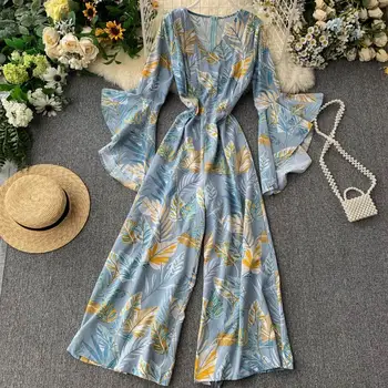 

Women's spring autumn on holiday print flare sleeve v-neck sexy jumpsuit female slim wide leg belt pants TB3587