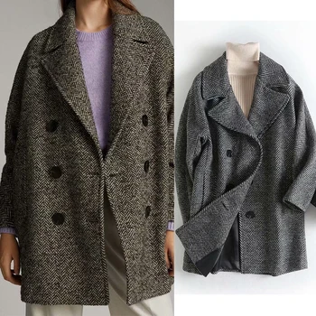 

2019 Za Women’s coat wool double breasted herringbone pattern jacket thick warm winter jacket women abrigo mujer