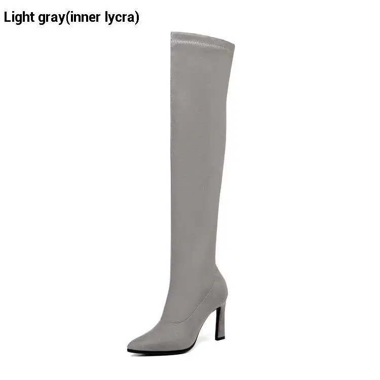 Light gray(lycra) CDAXILAN, Новое поступление женские ботинки с леопардовым принтом, эластичная ткань Обувь на высоком каблуке Ботфорты сапоги до колен с эластичной резинкой изящная обувь до бедра; сапоги на осень-зиму - Цвет: Light gray(lycra)