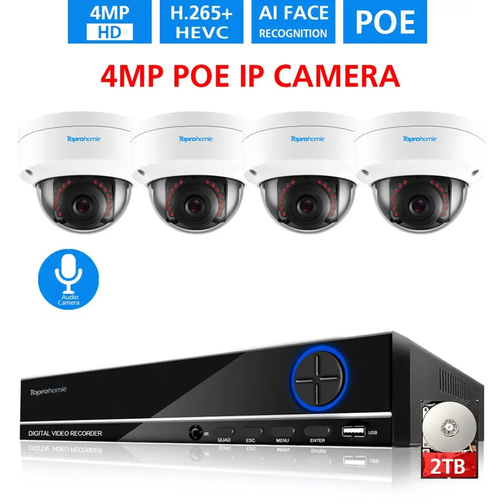 TOPROHOMIE 8CH CCTV H.265 + 5MP POE NVR 4MP Vandalproof камера безопасности Система Аудио Звук