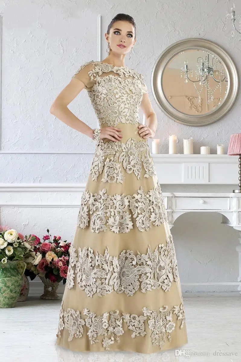 Vintage Champagne Applique Mother Of The Bride Groom Dresses Short Sleeves A-line Floor Length Satin Women Formal Evening Party Gowns