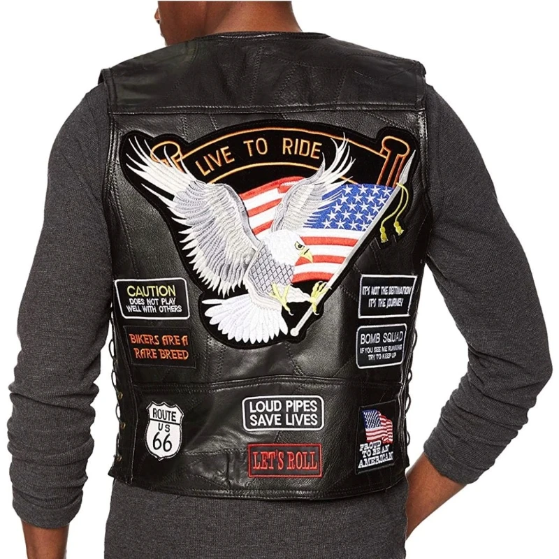 Motorcycle Leather Vest Men Motorcycle Jacket Bicycle Casual Waistcoat with Punk Retro Classical Badges Motocross Equipment