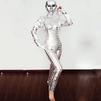 

Mirror Stage Costume Silver Mirror Long-Sleeved Jumpsuit Women Men Bar Nightclub Singer Festival Outfit Rave Party Wear DN6077