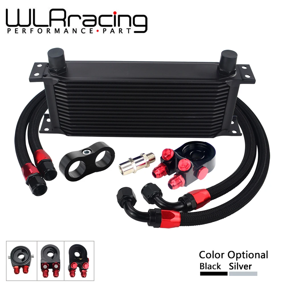AN10 Universal 16 Rows Oil Cooler Kit + Oil Filter Sandwich Adapter + Staingless Steel Braided AN10 Hose Line Separator oil cooler kit