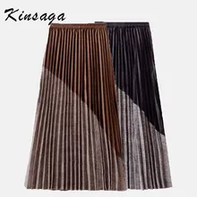 Осень-зима, контрастные лоскутные плиссированные юбки длиной до лодыжки, офисные женские теплые длинные юбки с высокой талией, Женская универсальная одежда