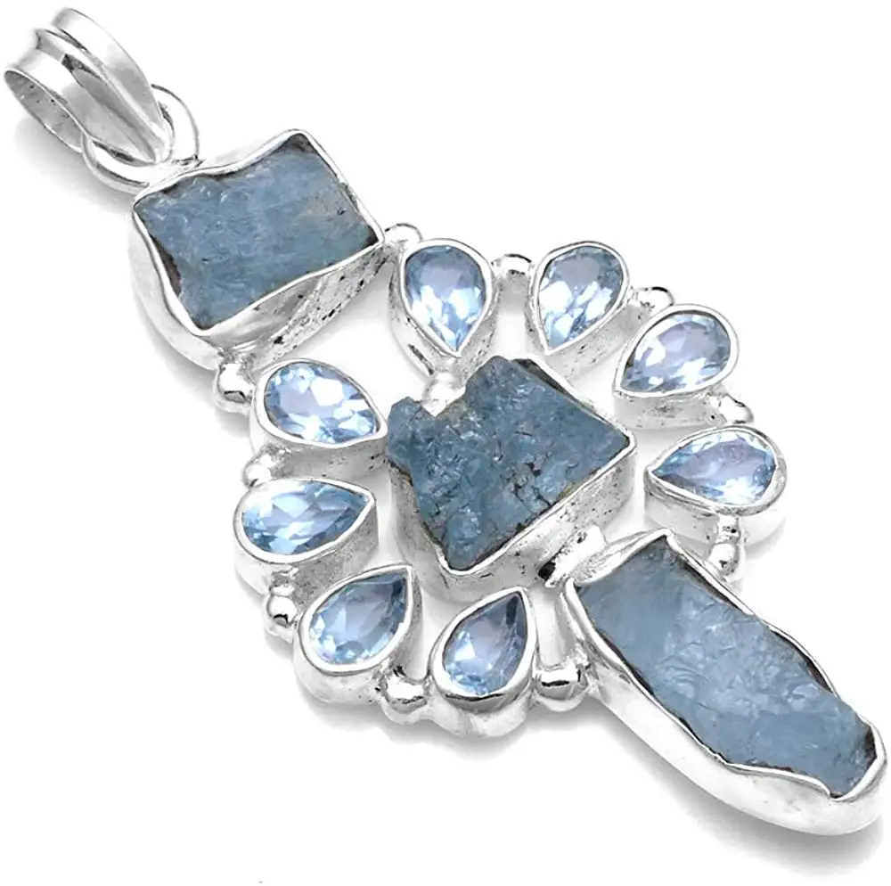 

Genuine Blue Topaz Rough + Blue Topaz Pendant 925 Sterling Silver,58.4 mm,2SP0901