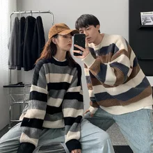 

2021 Autumn Winter New Hong Kong Style Striped O-neck Men's Sweater Loose Couples Bottom Knit Sweater Male Pullover Oversize