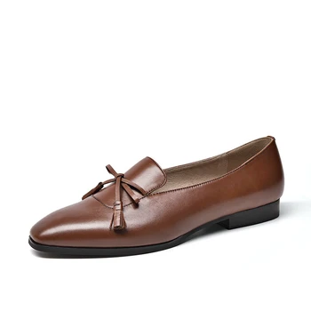 

2020 Free Shipping Handmade Women's Genuine Leather Bow Decorative buckle ballet Loafers Pointed Toe Ladies Flats Slip On 27084