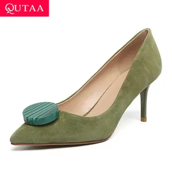 

QUTAA 2020 Kid Suede Elegant Ladies Stilettos Thin High Heel Slip on Single Shoes Pointed Toe All Match Women Pumps Size 34-39