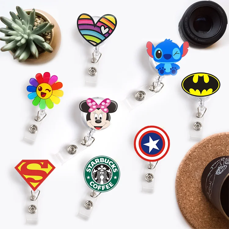 

Wholesales 30 Pieces/lot Quality Retractable Nurse Badge Reel Clip Cute Super Hero Coffee Mickey Students ID Card Badge Holder