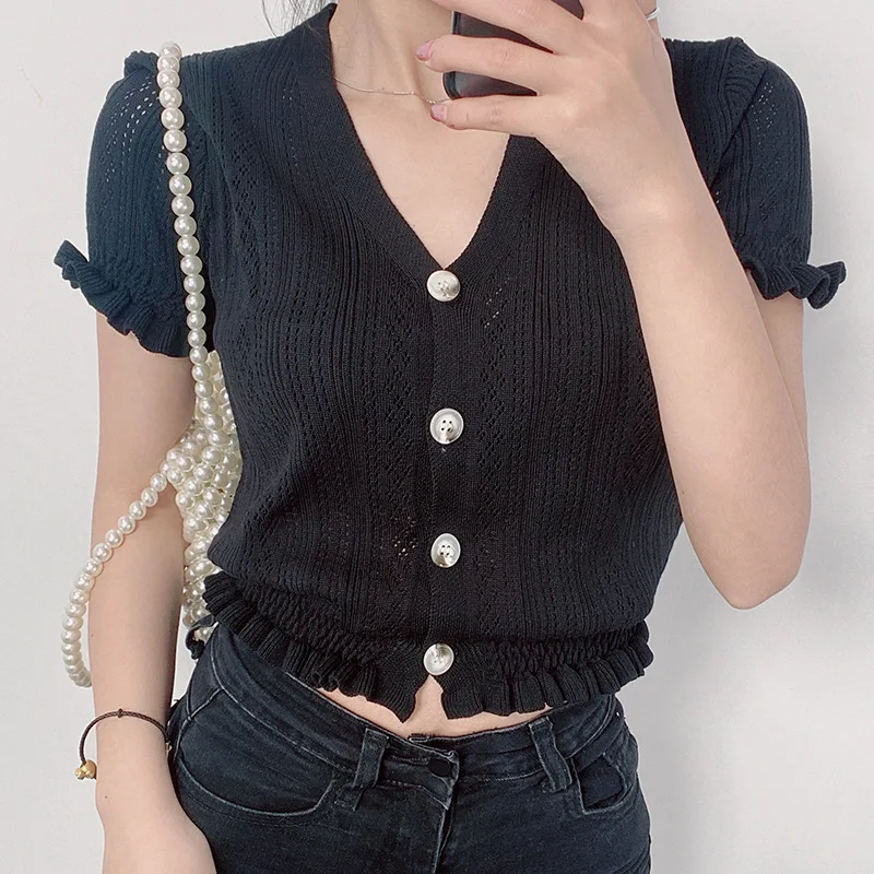 

Knitted Crop Top Women 2020 Summer Style Short Sleeve V Neck T-shirt Slim Single Breasted Ladies Casual Tshirts White/Black Tees