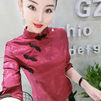 

Tang Costume Pullovers Women Elbow Sleeve Turtleneck Female Silk Blouse and Shirt Casual Tops