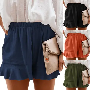 

Women Casual Solid Color High Waist Shorts Ruffled Hem Pockets Loose Hot Pants with Pockets Ruffled Hem blouse