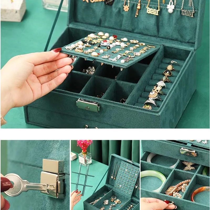 Joyero verde de 3 capas para mujer, organizador de anillos grandes, collares,  estuche de soporte de maquillaje, joyero de terciopelo con cerradura,  novedad de 2021