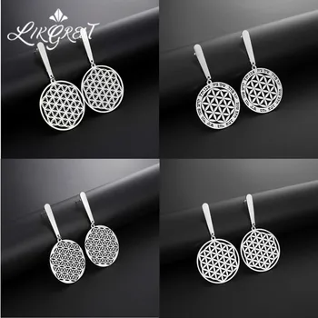 

LIKGREAT Vintage Flower of Life Earrings for Women Stainless Steel Hollow Round Pandent Drop Earrings Jewelry boucle d’oreille