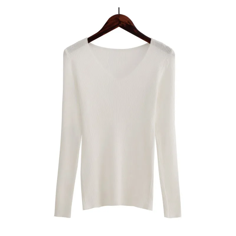JJ1028White Новинка осенний женский свитер женский тонкий офисный Топ Модный повседневный длинный рукав v-образный вырез однотонный вязаный пуловер - Цвет: JJ1028White
