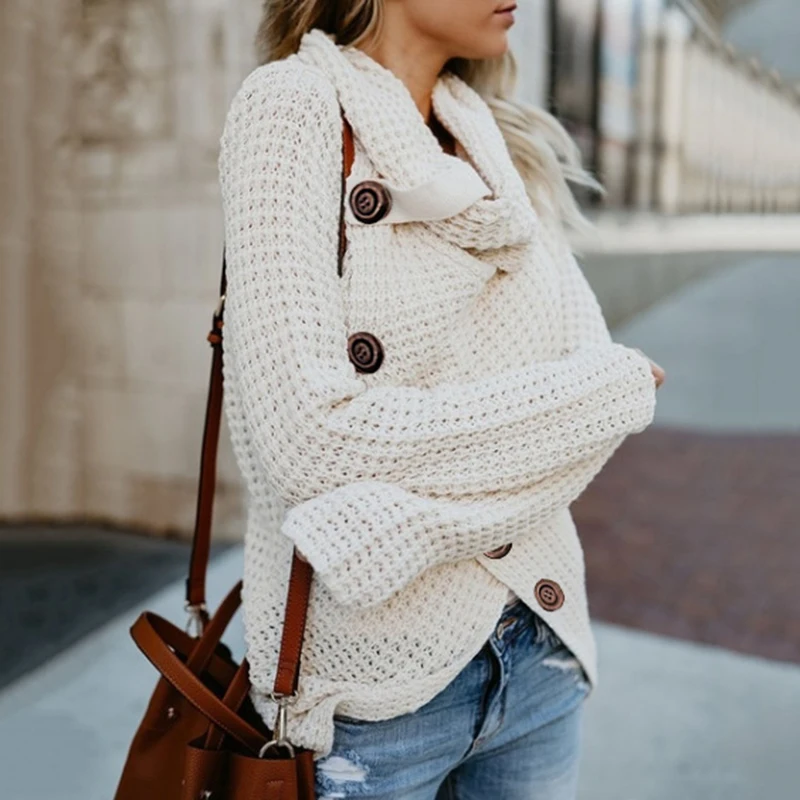 Свитера с воротником-шарфом, пуловеры для женщин, модный теплый вязаный свитер с длинным рукавом и пуговицами на осень и зиму, ассиметричные Топы