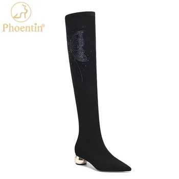 

Phoentin Slim Long Boots Over The Knee Butterfly Bling Middle Heeled Boots For Women Round Heels Stylish Women's Shoes FT1291