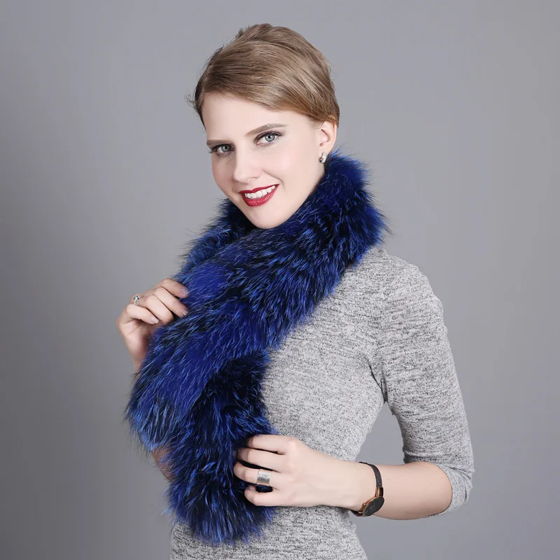 

Winter Warm Raccoon Knitting Scarf Female Fur Silver Luxury Scarf Fashion Genuine Fur Collar 100% Natural Woman Fox Fur Scarf