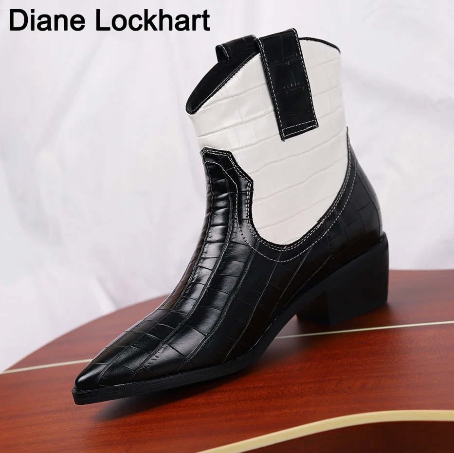 

Motorcycle Western Cowboy Boots Women's PU Leather mid heels slip on Cowgirl Booties Sexy Pointed Toe Ankle botas femme Shoes 33