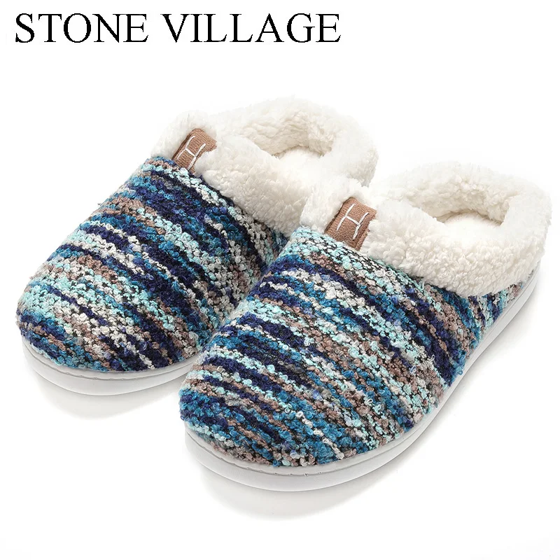 

STONE VILLAGE 2019 New Home Slippers Non-Slip Warm Breathable Thick Bottom Cotton Velvet Winter Men Slippers Cotton Slippers