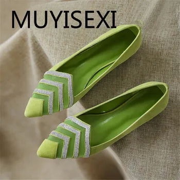 

2cm Low heel women pumps kid suede leather pointed toe slip on crystal concise shallow spring shoes plus size TY02 MUYISEXI
