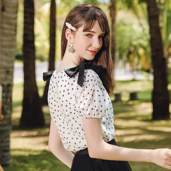 

Lace Up Bow Tie Shirt 2020 Summer Short Sleeve Chiffon Casual Blouse Plus Size Office Lady Blusas