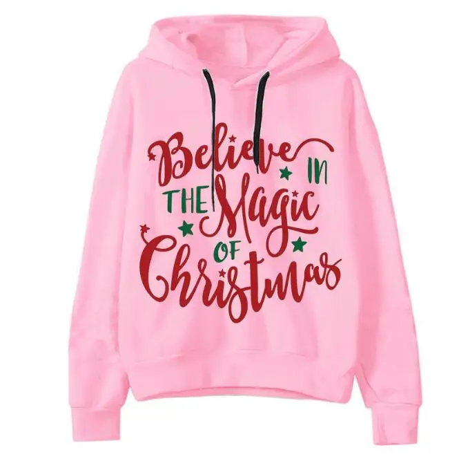 Women hoodie pink hoodie laday Long Sleeve casual swetshirt Merry Christmas printing oversized women sweatshirt women loose tops