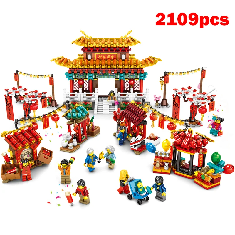 

2109pcs Chinese New Year Temple Fair Toys Compatible legoinglys Set Building Blocks Bricks 80105 Assembly Kid Toys New Year Gift